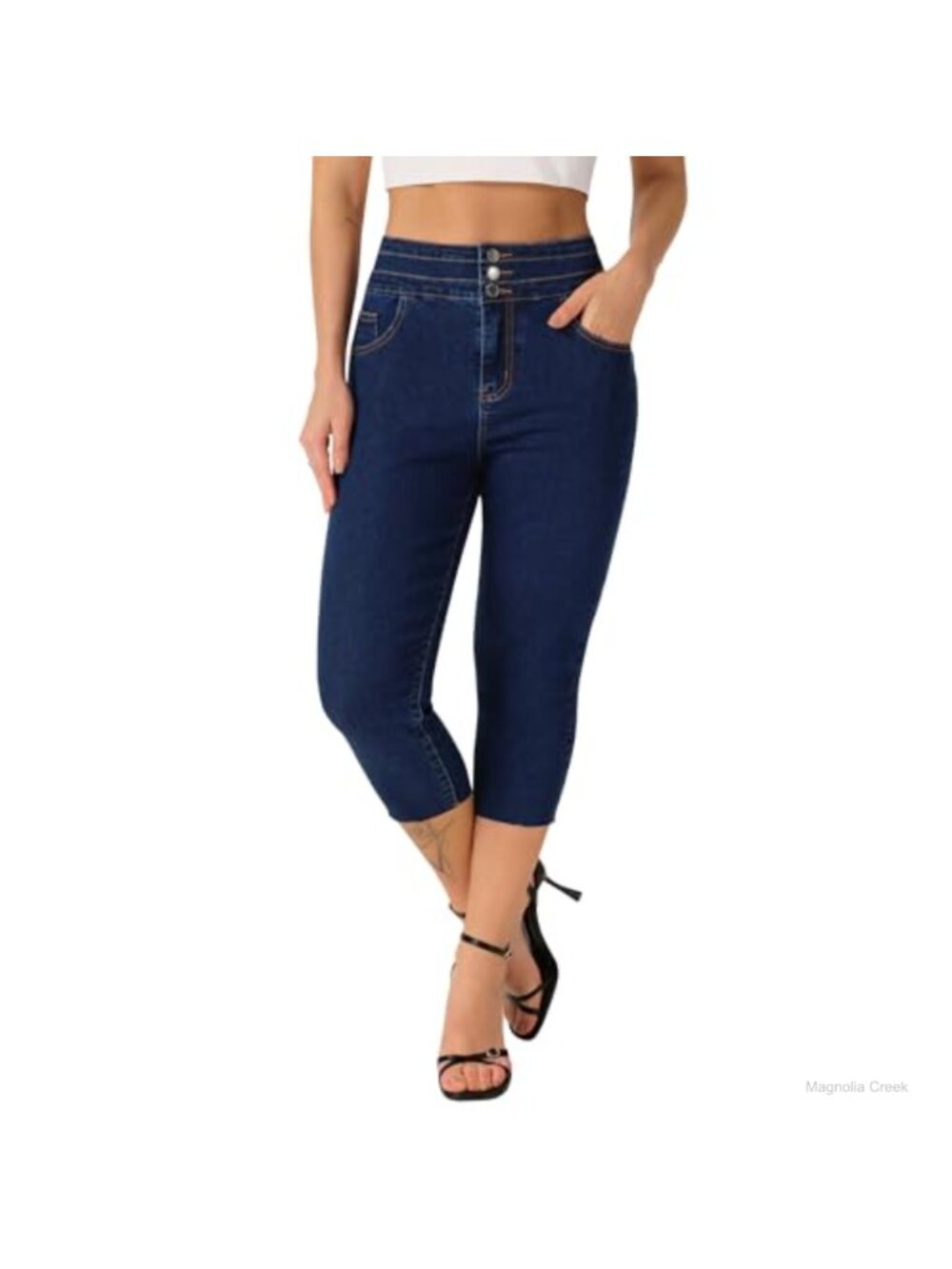 High Rise Skinny Capri Jeans Stretchy Frayed Hem Tummy Control